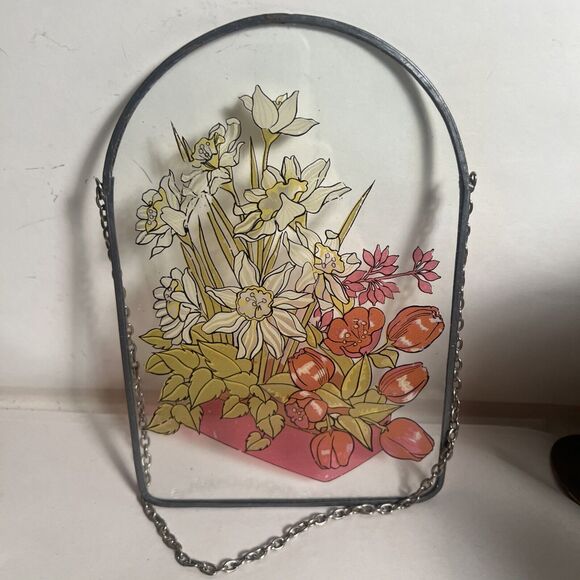 Window Picture, Basket Of Assorted Flowers  Hanging Floral Art 8”x5.5” - Picture 6 of 7